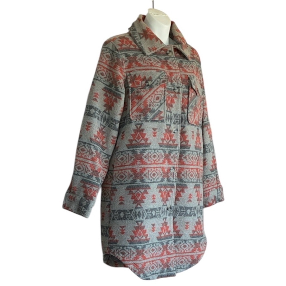 Coffee Shop New York Coat Women's L, Gray Orange & Sage Aztec Pattern. Cozy! EUC